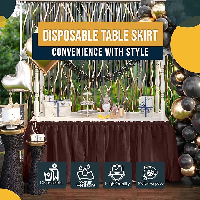 Exquisite Ruffle Table Skirt Brown 12 Pack 14 Ft Long Table Skirts for Rectangle Tables 6ft Plus or Round Tables Skirts with Adhesive Strip for Gender Reveal Decor & Happy Birthday Parties