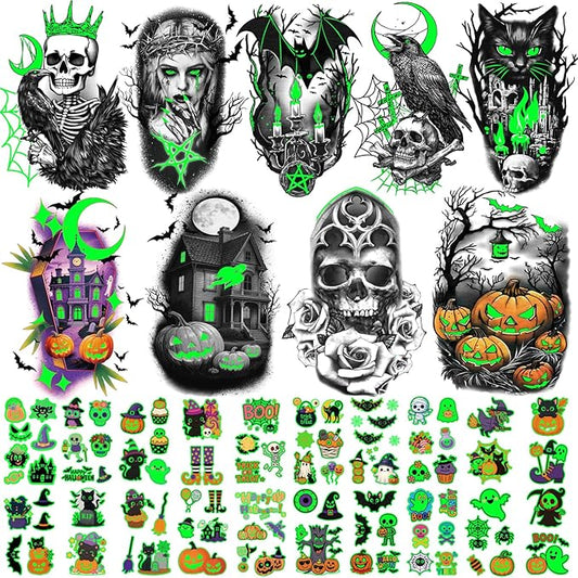 39 Sheets Halloween Glow Up Temporary Tattoos Women Men Adults, Skeleton Death Skull Pointed Black Hats Brooms Cauldrons Black Cats Half Arm Halloween Fake Tattoo, Scary Tattoos for Halloween Costume