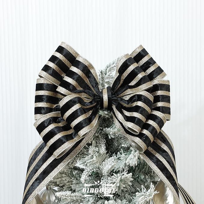 Black Velvet Wired Ribbon with Champagne Glitter Stripe 4 Inch Extra Wide Crushed Velvet Christmas Ribbon, 10 Yards for Gift Wrapping, Crafts, Tree Decorations, Wreath Supplies, Garlands