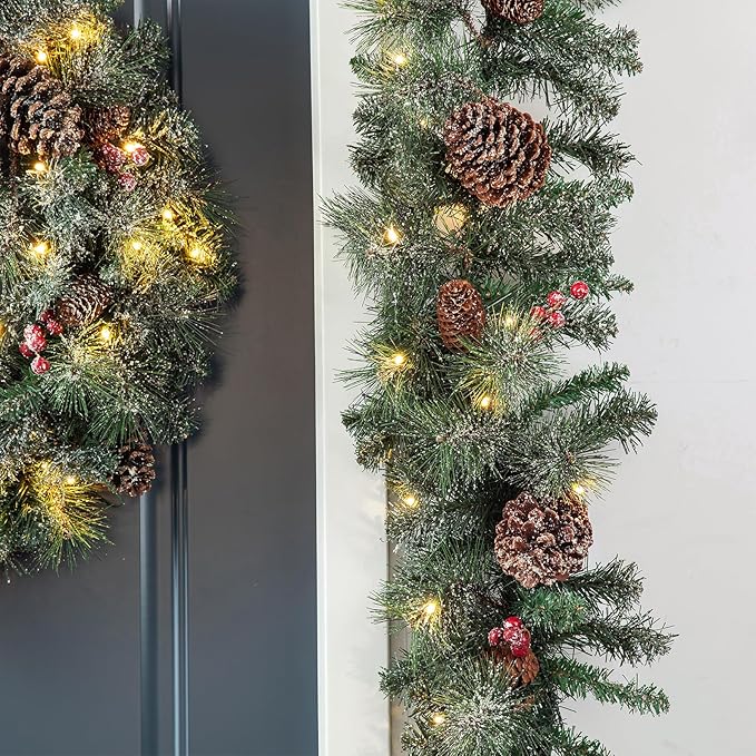 Glitzhome 9ft Prelit Christmas Garland, Glittered Greenery Garland Artificial Pine Garland with Pine Cones Berries, Christmas Garland with Lights and Timer for Mantle, Fireplace, Stairs Decorations