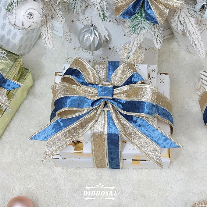 Navy Blue Velvet Wired Christmas Ribbon 2.5 Inch Blue and Gold Holiday Ribbon – 10-Yards Roll for Tree Decorations, Gift Wrapping, Wreaths, and DIY Crafts
