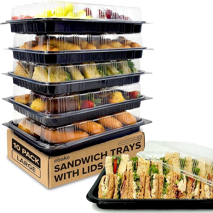 10 Pack Catering Trays with Lids – 17" Serving Tray with Lid, Heavy Duty Recyclable Plastic Party Platters for Catering, Buffet, Picnics & Events – Food Tray with Clear Lid (17.72 x 12.20 x 2.95 inch)