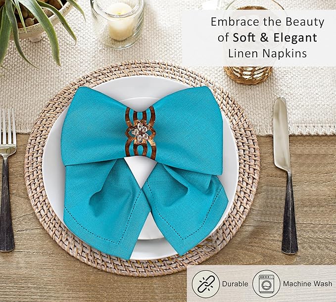 Ruvanti Premium Linen Napkins Set of 4-20x20 Inch, Classic Hemstitch, Mitered Corner Cloth Napkins ‎‎- Soft, Elegant Dinner Napkins Cloth Washable for Weddings, Parties, Everyday Use - Blue