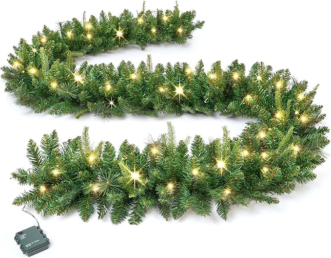 KING BIRD Pre-lit Christmas Garland, 9 FT by 12 Inch, Classic Green Christmas Garland with 50 Warm Lights 300 Branch Tips for Christmas