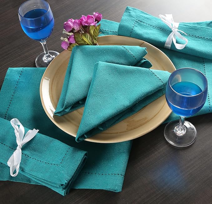 LFH Home Hemstitched Cloth Dinner Napkins 18x18 Inch Set of 12 - Reusable 100% Cotton Machine Washable Cocktail Napkins with Metered Corners for Daily, Party, Wedding, Bar Use - Teal