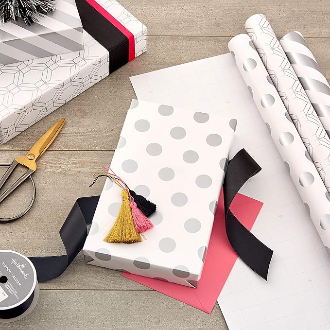 Hallmark Metallic Wrapping Paper Bundle with Cutlines on Reverse (6 Rolls: 210 Square Feet Total) Navy, Gold, Silver and White for Birthdays, Weddings, Graduations, Hanukkah, Christmas