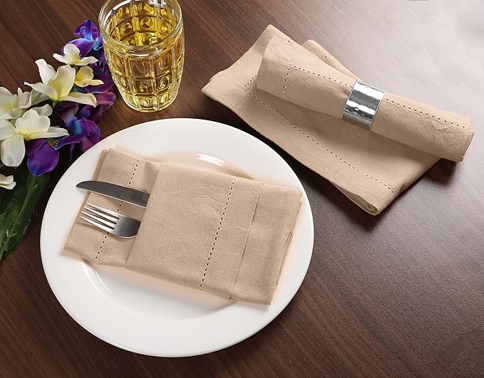 Palisa Cloth Dinner Napkins with Hemstitched Detailing & Mitered Corners Set of 4 (18x18 Inches) Beige - Cotton Reusable Dinner Napkins - Perfect for Weddings & Everyday Use