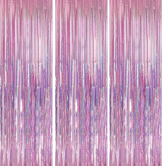 Crosize 5 Pack 3.3 x 9.9 ft Laser Pink Foil Fringe Curtains Party Decorations, Laser Pink Tinsel Curtain Backdrop for Parties, Door Streamers, Glitter Streamer Backdrop for Birthday Decoration