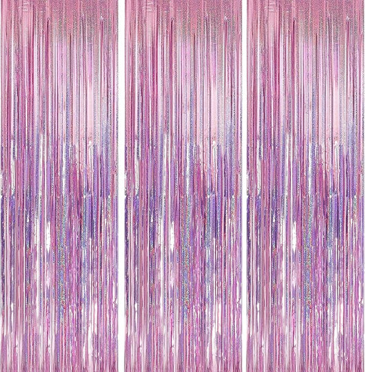 Crosize 5 Pack 3.3 x 9.9 ft Laser Pink Foil Fringe Curtains Party Decorations, Laser Pink Tinsel Curtain Backdrop for Parties, Door Streamers, Glitter Streamer Backdrop for Birthday Decoration