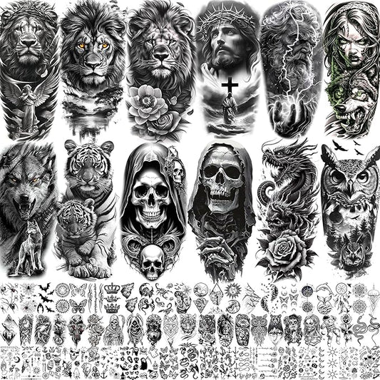 75 Sheets Skull Temporary Tattoos For Men Adults Forearm, Halloween Zeus God Lion Poseidon Half Arm Sleeve Tattoo For Women Jesus Christ Skeleton Dragon Owl, Realistic Fake Tattoo Stickers Wolf Tiger