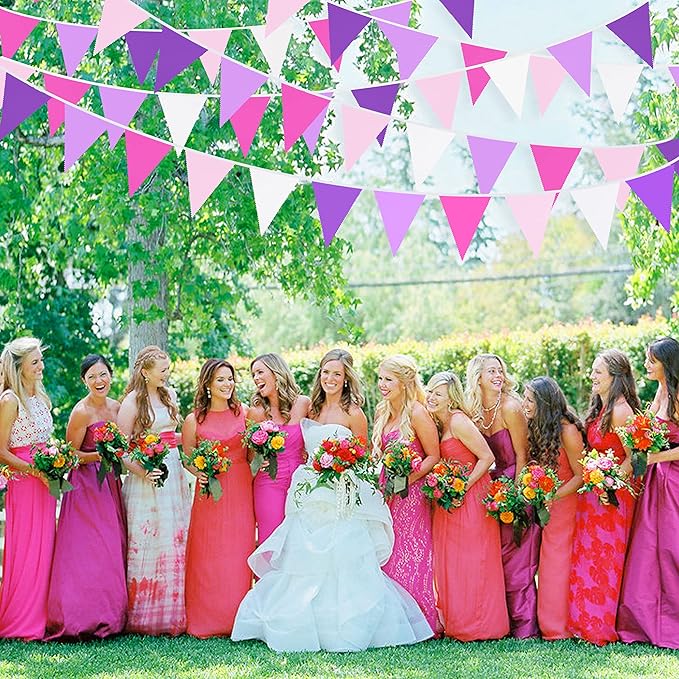10M/32Ft Rose Pink Purple White Pennant Banner Fabric Triangle Flag Bunting Garland for Baby Shower Birthday Wedding Anniversary Party Home Nursery Outdoor Garden Hanging Festivals Decorations