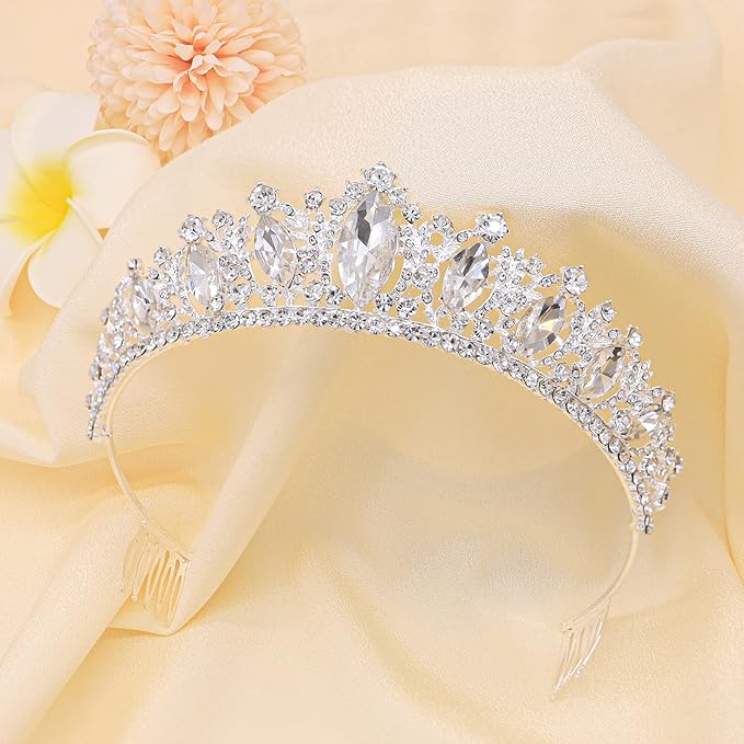 Oriamour Glamorous Crystal-Studded Wedding Crown with Leafy Accents and Combs (Silver, Normal)