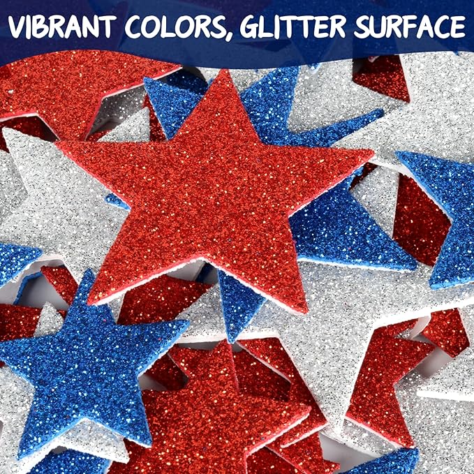 320Pcs Patriotic Foam Stars Stickers, 4th of July Foam Star Shaped Stickers Glitter Star Sticker Red White and Blue Stars Sticker for Home Office School Classroom DIY Art Craft Party Supplies
