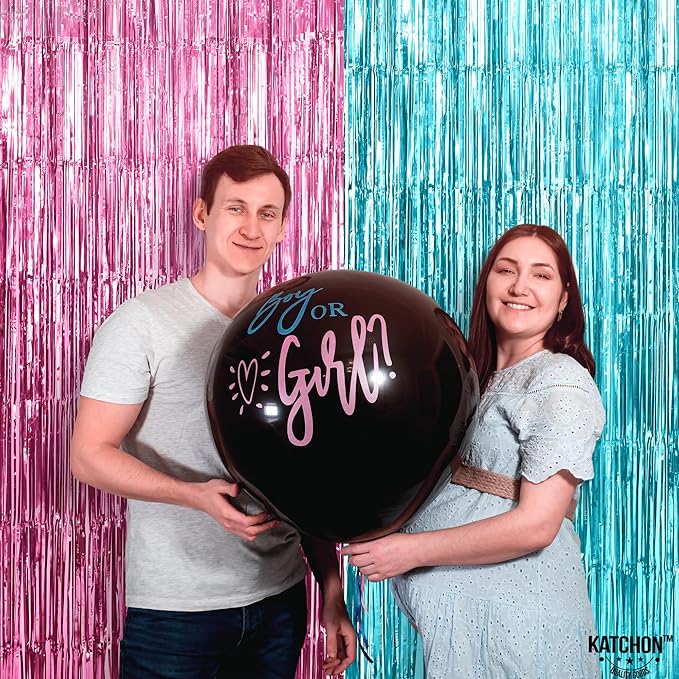 KatchOn, Large Pink and Blue Foil Fringe - 6.4x8 Feet, Pack of 2 | Girl or Boy Gender Reveal Decorations | Pink and Blue Fringe, Boy or Girl Backdrop | Gender Reveal Backdrop for Gender Reveal D√©cor