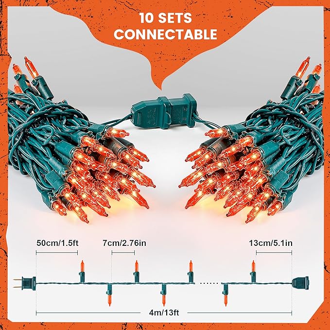 Orange Halloween Tree Lights with Green Wire,13ft 50 Incandescent Bulb Waterproof Fairy Lights，Plug in Mini String Lights for Christmas, Patio, Holiday, Party, Home, Indoor Outdoor Decor