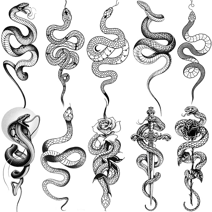 10 Sheets Realistic Snake Temporary Tattoos For Women Men Forearm Arm Sexy 3D Tribal Cobra Mamba Viper Serpent Tattoos Temporary Adults Kids Fake Tattoos Sticker Black Sword Rose Flower Tatoos