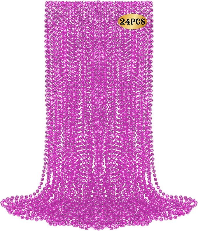 24 PCS Pink Mardi Gras Beads Necklaces, Breast Cancer Awareness Accessories, 33" Carnival Beaded Necklaces, Party Costume Beads for Parade Throws Accessories Party Favors Gender Reveal