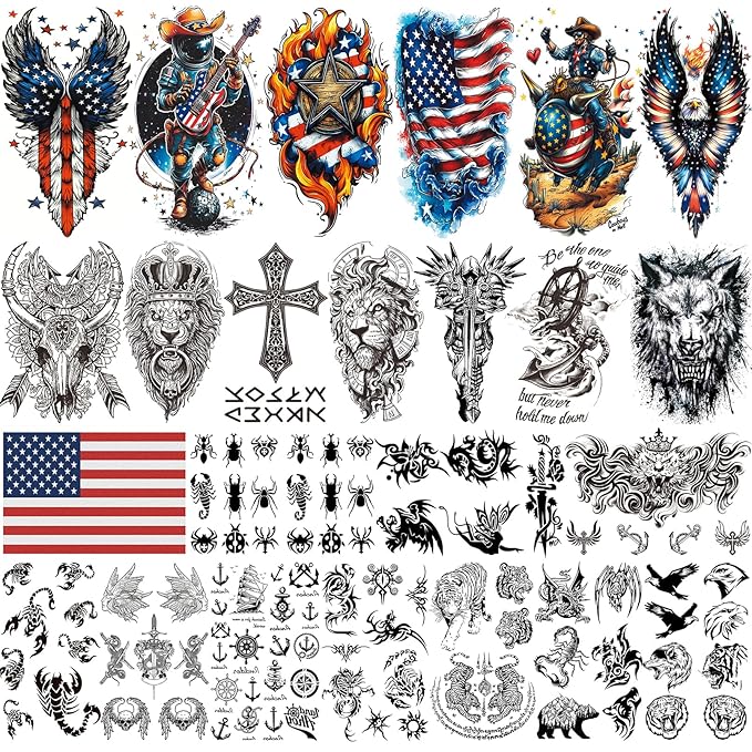 Aresvns 24 Sheets Temporary Tattoo for Adults and kids,USA Eagle and Flag Device, 3D Military Lion Wolf Skull Totem Fake tattoo, Fourth of July Memorial Day Labor Day Decorations Patriotic Tattoos