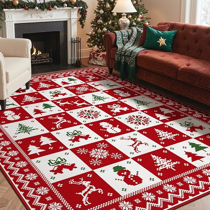 Christmas Area Rug 8x10 for Living Room, Washable Rug for Bedroom, Christmas Home Decor, Holiday Print Carpet, Low Pile Non Slip Mat with Rubber Backing, Red White Checkerboard