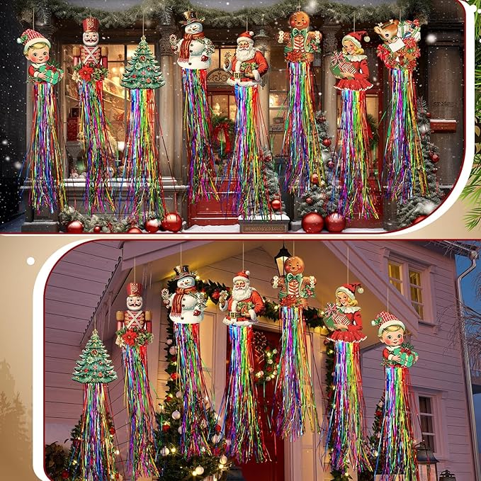 8pcs Vintage Christmas Windsocks Outdoor Hanging Decorations with Tassels Christmas Yard Decorations for Outside 3.3ft Xmas Signs for Wall Tree Home Lawn Yard Party Supplies Garden Decor