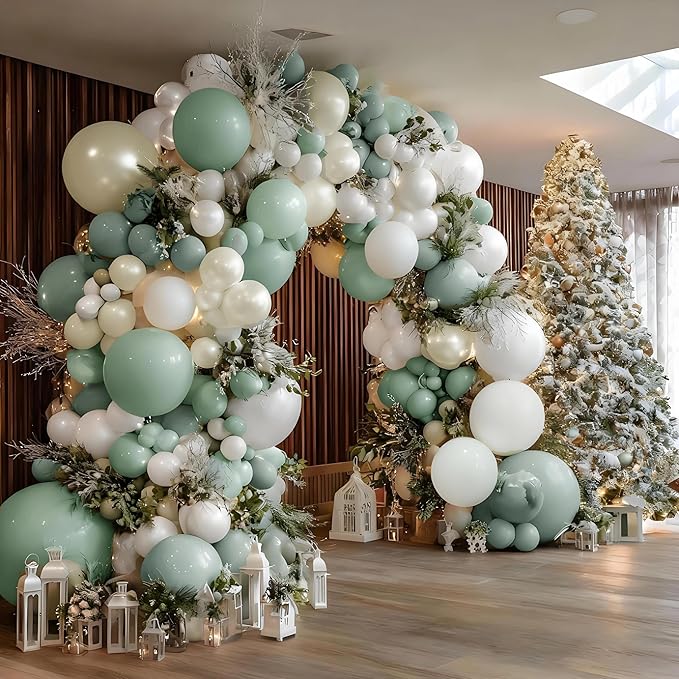 Green White Balloon Garland Double Stuffed Dusty Sage Green White Sand Pearl Balloons Pastel Neutral Balloon Arch Kit for Baby Shower Birthday Wedding Christmas Party Decorations