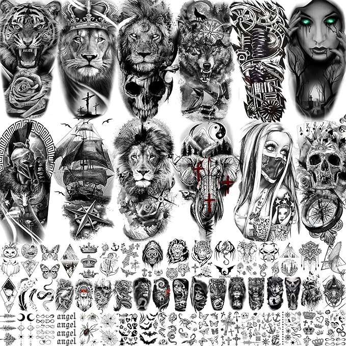 63 Sheets Tribal Wolf Lion Tiger Temporary Tattoos For Men Women Adults, Scary Halloween Skull Gangster Fake Tattoo Stickers Kids, Small 3D Realistic Tattoos Thigh Arm Neck Elephant Warrior