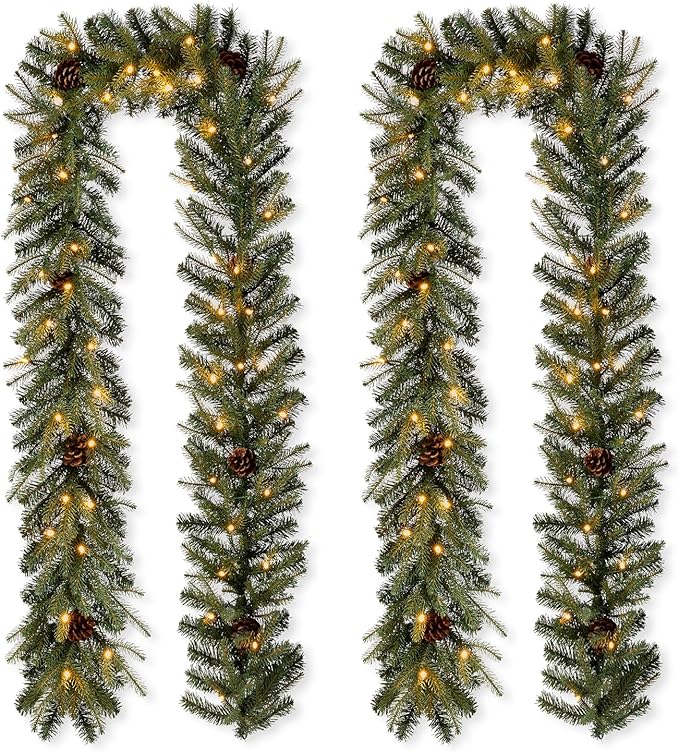 Glitzhome 2PK Pre-Lit Greenery Pine Cone Christmas Garlands with Warm White LED Lights and Timer - 9 ft