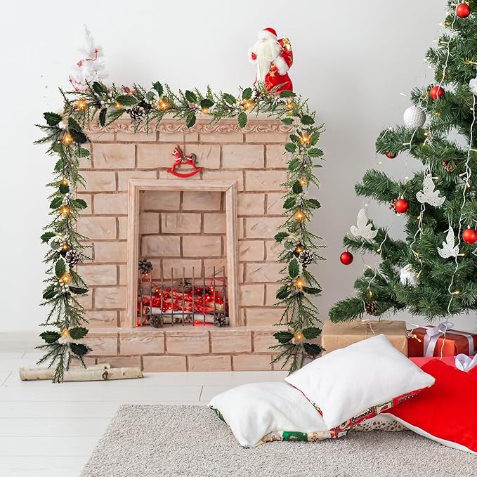 6FT Holly Berry Garland, Lighted Christmas Garland with Timer, Battery Operated Garland Christmas for Staircase Winter New Year Door Decorations
