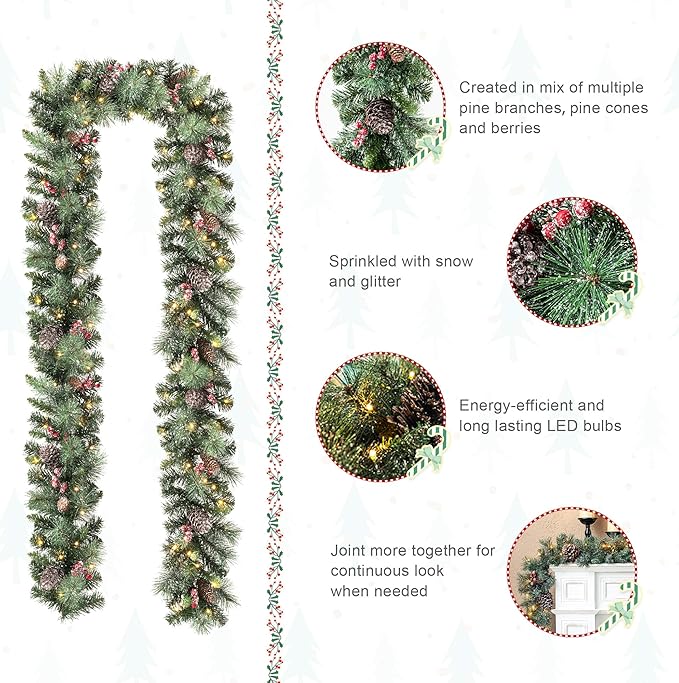 Glitzhome Set of 4 Prelit Christmas Garlands, 6FT Glittered Pinecones and Berries Green Pine Christmas Garlands with 50 Warm White Lights and Timer for Holiday Party Hanging Christmas Decorations