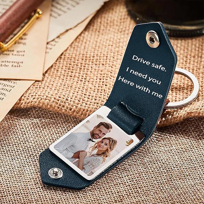 Personalized Photo/Text Leather Keychain for Men Womens Custom Picture Key Chains Memorial Gifts for Family Lover