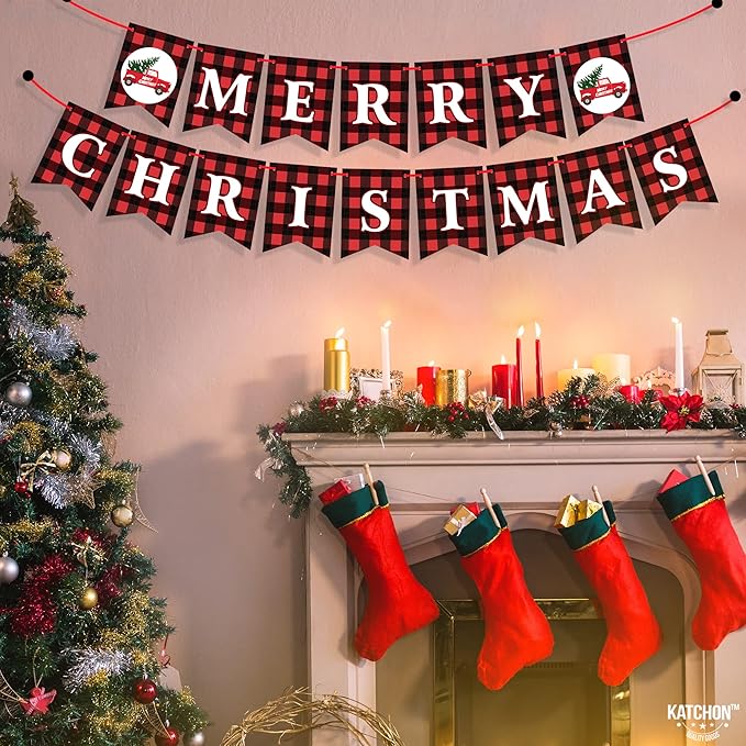 KatchOn, Merry Christmas Banner for Mantle- Large, 10 Feet, No DIY | Red and Black Christmas Fireplace Banner | Buffalo Plaid Christmas Decorations | Merry Christmas Sign | Christmas Party Decorations