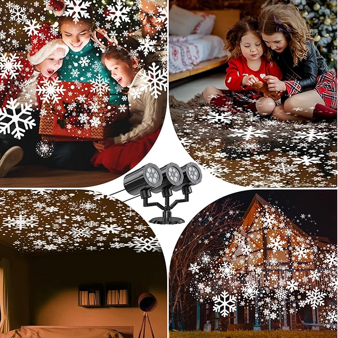 Christmas Projector Lights Outdoor, GUSODOR Upgraded Snowflake Projector, IP65 Waterproof 360°Rotating LED Projection Lights for Christmas Decorations Yard Patio Holiday Party Decor-Three-Head B