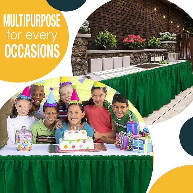 Exquisite Ruffle Table Skirt Emerald Green 6 Pack 14 Ft Long Table Skirts for Rectangle Tables 6ft Plus or Round Tables Skirts with Adhesive Strip for Gender Reveal Decor & Happy Birthday Parties