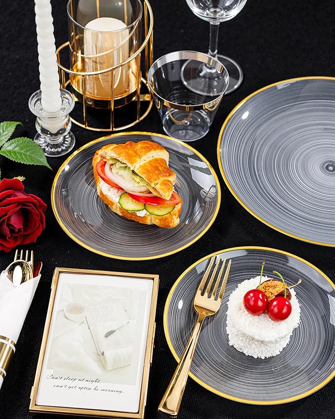 Morejoy 350PCS Clear Gold Plastic Plates - Disposable Gold Party Plates & Pre Rolled Napkins with Cutlery for 50 Guests, 100Plates, 150Silverware, 50Cups, 50Napkin for Party & Thanksgiving