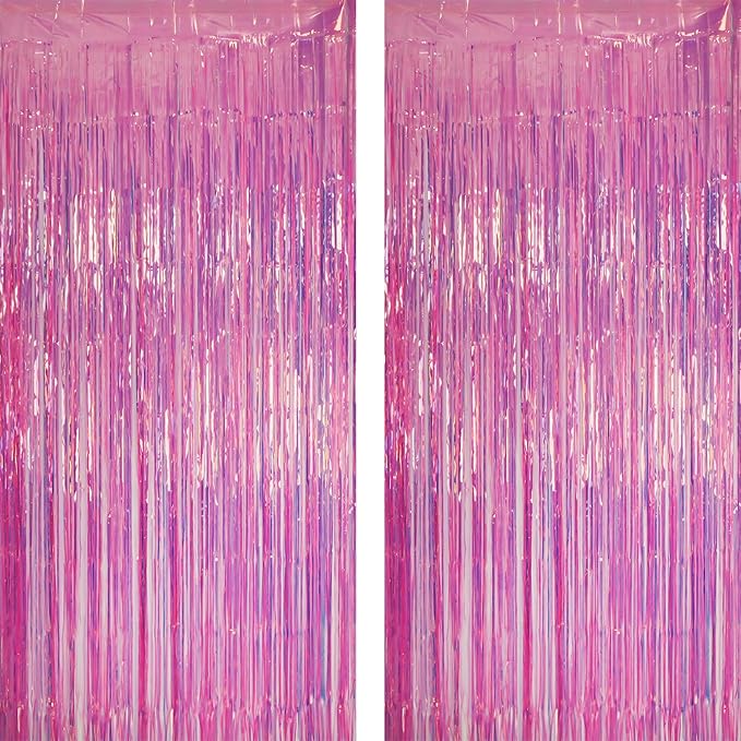 GREATRIL Holographic Tinsel Foil Fringe Curtain, 3.2 x 6.5 ft, Iridescent Party Streamers, 2 Pack (Pink)