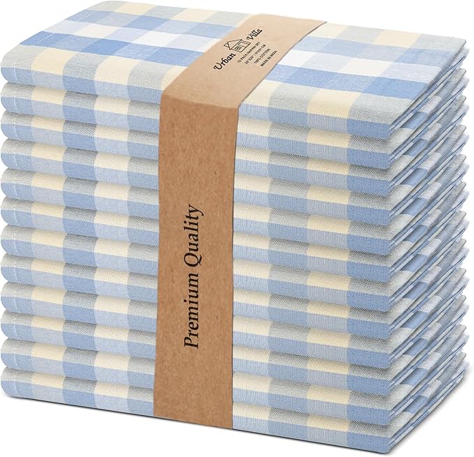 Urban Villa Cloth Napkins 100% Cotton Dinner Napkins Highly Absorbent 20x20 Inches (Set of 12) Blue Sand Buffalo Checks Reusable Washable Soft Durable Premium Quality Ideal for Home Wedding Parties