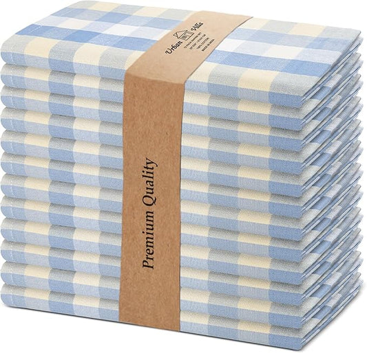 Urban Villa Cloth Napkins 100% Cotton Dinner Napkins Highly Absorbent 20x20 Inches (Set of 12) Blue Sand Buffalo Checks Reusable Washable Soft Durable Premium Quality Ideal for Home Wedding Parties