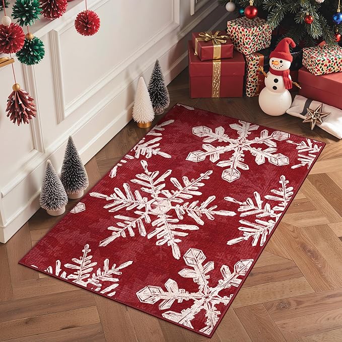 Christmas Rug 2x3 Washable Rugs for Entryway Bedroom, Christmas Home Decor, Holiday Print Carpet, Low Pile Non Slip Mat with Rubber Backing, Snowflake