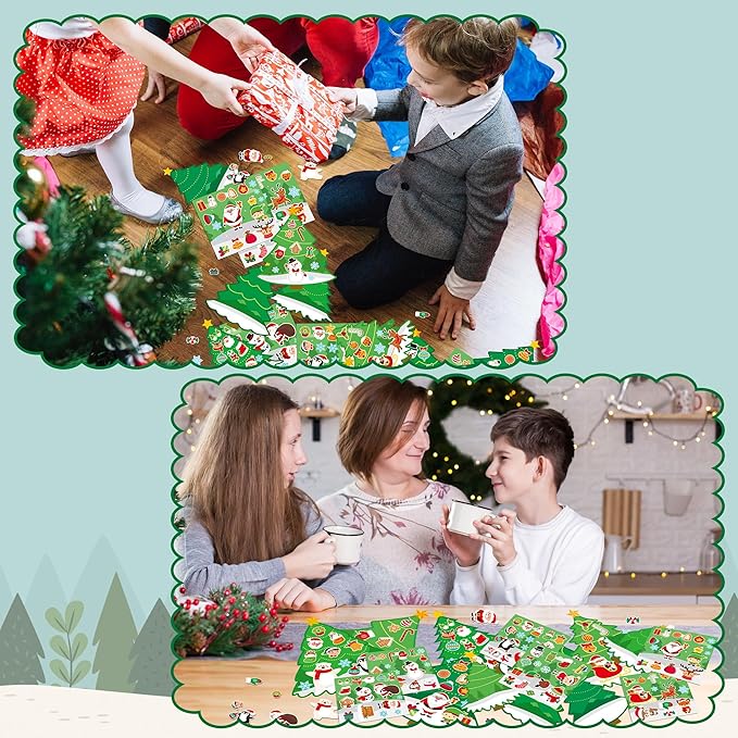 CY2SIDE 12PCS Christmas Tree Scene Art Craft, Make Your Own Xmas Scene, DIY Creative Santa Claus Sticker for Kids Classroom Activities, Christmas Theme Games Party Favors