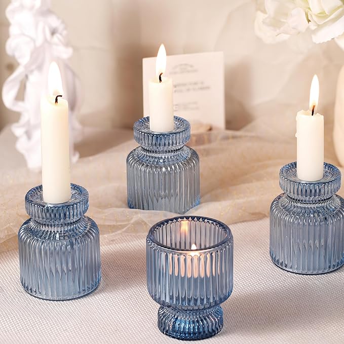 DARJEN 12 Pcs Glass Candlestick Holders- Blue Taper Candlestick Holders Tealight Votive Candle Holders for Table Centerpieces, Wedding, Dinner Party, Home Decor
