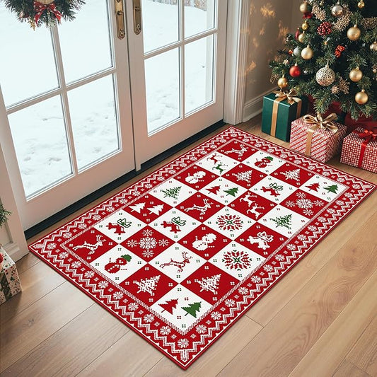 Christmas Rug 2x3 Washable Rugs for Entryway Bedroom, Christmas Home Decor, Holiday Print Carpet, Low Pile Non Slip Mat with Rubber Backing, Red White Checkerboard