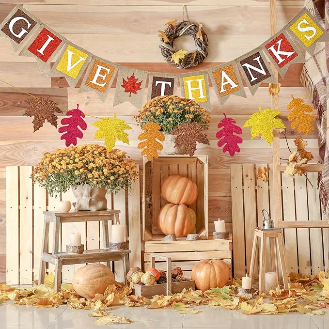 Give Thanks Burlap Banner Thanksgiving Decorations Maple Leaves Glitter Banner for Thanksgiving Party Fall Harvest Supplies Fireplace Mantle Decor