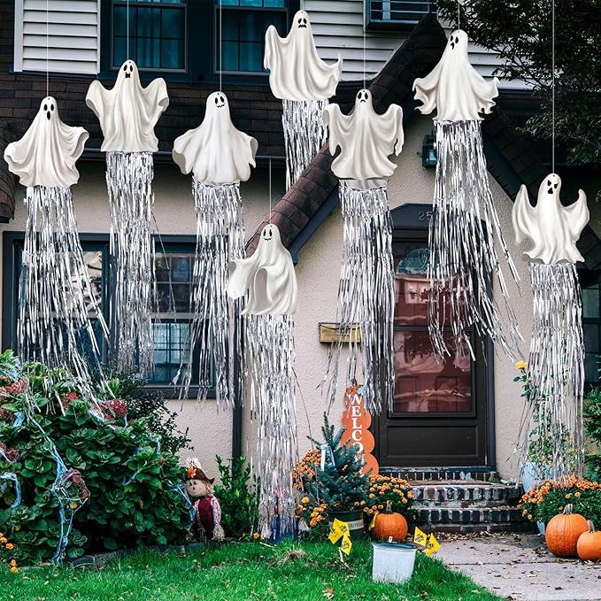 8 Pcs Halloween Ghosts Outdoor Hanging Decorations with Tassels Summer Halloween Decorations Yard Signs for Farmhouse Festival 3.3 ft Spooky Home Lawn Yard Party Supplies Garden Decor