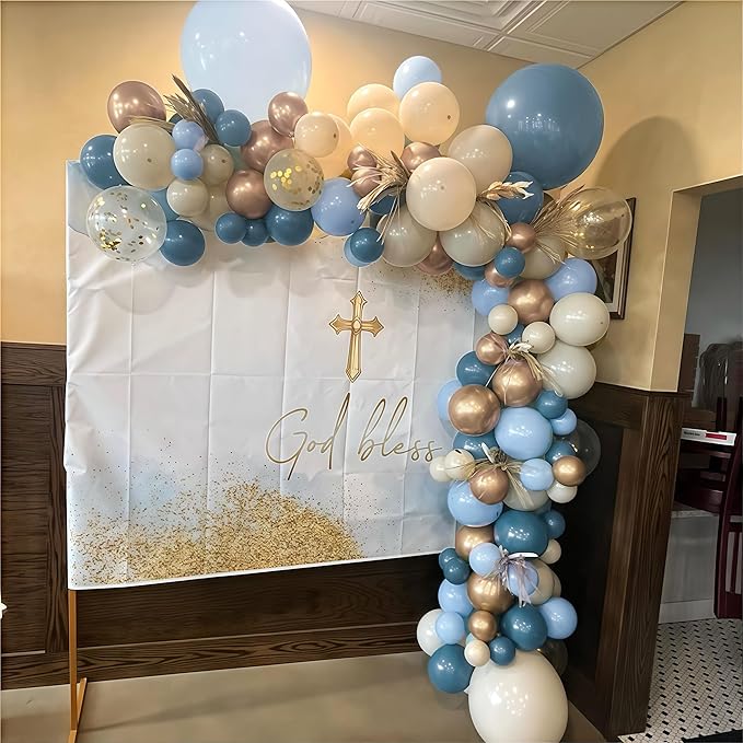 Dusty Blue Balloon Set, 60Pcs 12 Inch Slate Muted Baby Blue Fog Pastel Light Blue White Sand Balloon with Metallic Confetti Champagne Gold Balloons for Boy Birthday Party Baby Bridal Shower Decortaion