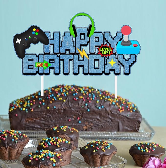 Video Game Birthday Cake Topper Glitter Blue Game Controller Happy Birthday Cake Topper - Game Cake Decorations Suit for Gamer Kids Boys Favors Game Cake Picks Birthday Party Supplies.