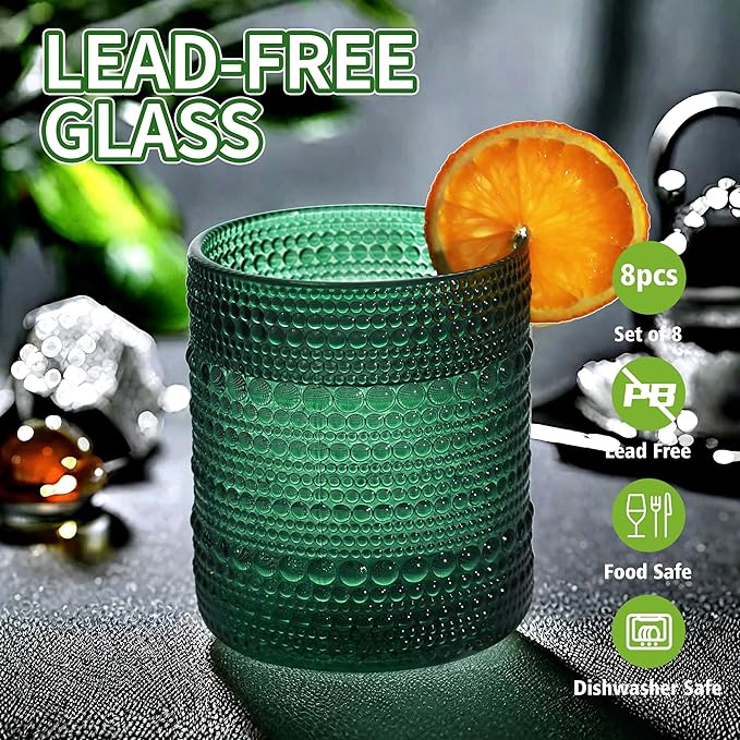 Vintage Hobnail Driinking Glasses Set, Glassware Drinking Set of 8, 12 oz Highball Glasses & 10 oz Cocktail Glasses, Tumbler Glasses for Cocktails, Whiskey, Juice, Milk