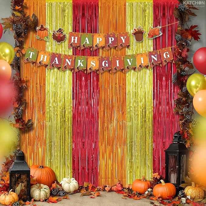 KatchOn, Orange, Gold and Maroon Fringe Backdrop - Pack of 2 | Fringe Streamers for Thanksgiving Decorations, Thanksgiving Backdrop, Friendsgiving Decoration, Birthday, Anniversary Decorations