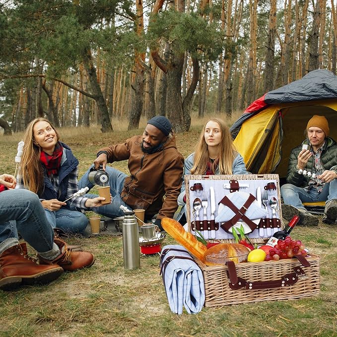 Picnic Baskets Wicker Willow Picnic Set for 4 Persons with Insulated Cooler Bag and Waterproof Picnic Blanket