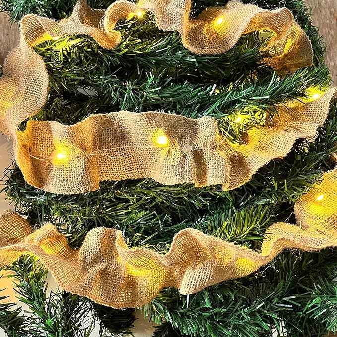 Lighted Burlap Ribbon Garland Christmas Tree Decorations 9 Ft x 6-Rolls Pre-Lit Burlap Christmas Garland with LED Lights Battery Operated, Rustic Boho Natural Jute Vintage Country Farmhouse Home Decor