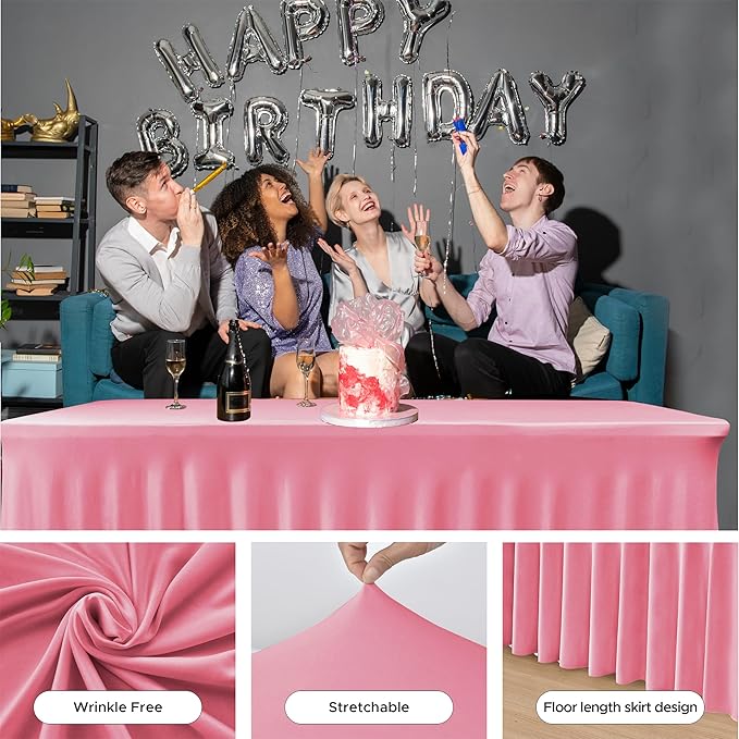 HolidayIdeas 6 Pack 6ft Spandex Table Covers for Brithday Parties, Fitted Stretch Table Skirts 30x72 Inch, Wrinkle-Free Floor Length Tablecloths for Weddings, Banquets Events, Pink